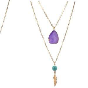 2/$15 - Boho Double Layer Necklace | Purple & Gold Feather Pendant Necklace NWT